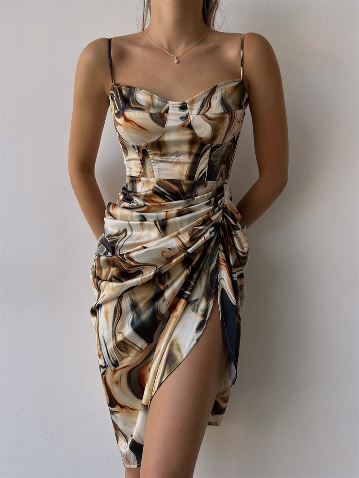 Desenli İnce Askı Drapeli Yandan Yırtmaçlı Ginevra Kadın Renkli Elbise 22Y000491