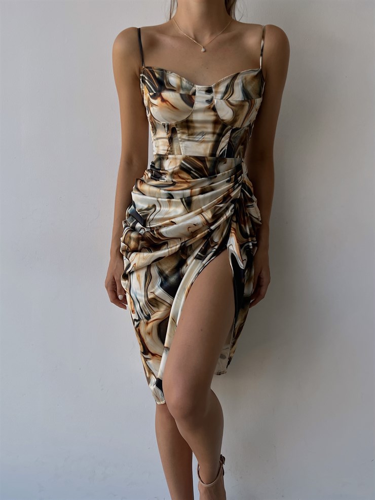 Desenli İnce Askı Drapeli Yandan Yırtmaçlı Ginevra Kadın Renkli Elbise 22Y000491