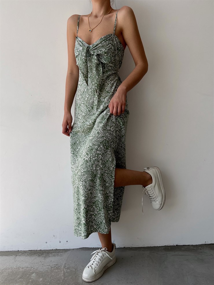 Desenli İnce Askı Göğüsü Bağcıklı Yırtmaçlı Savana  Kadın Haki Uzun Elbise 22Y000244