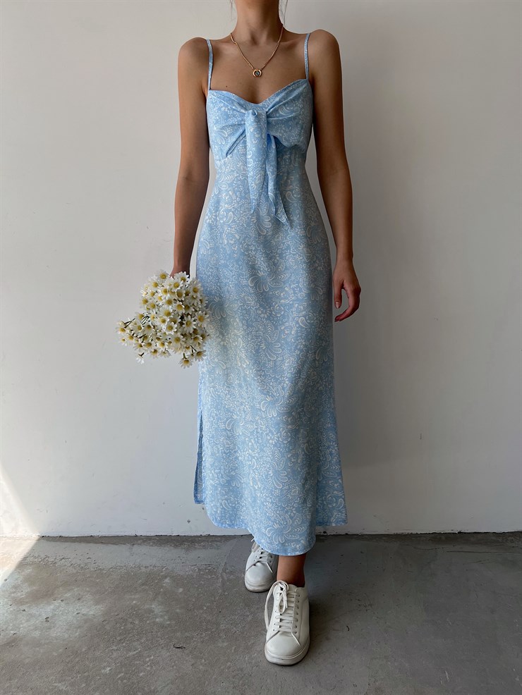 Desenli İnce Askı Göğüsü Bağcıklı Yırtmaçlı Savana  Kadın Mavi Uzun Elbise 22Y000244