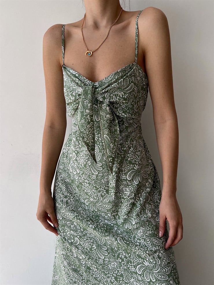 Desenli İnce Askı Göğüsü Bağcıklı Yırtmaçlı Savana  Kadın Haki Uzun Elbise 22Y000244