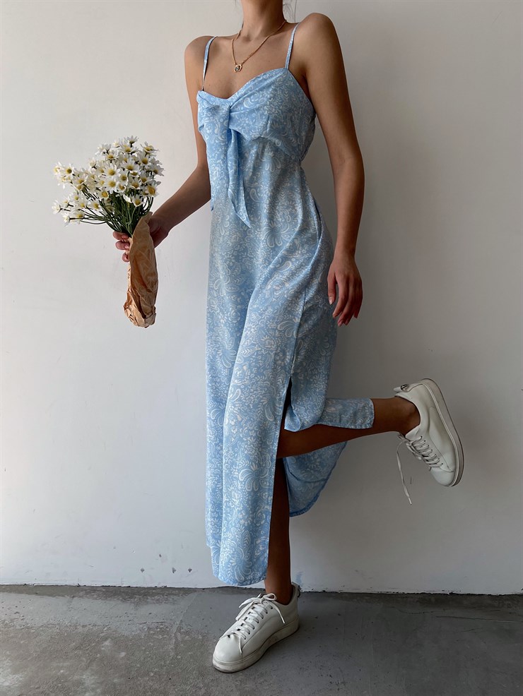 Desenli İnce Askı Göğüsü Bağcıklı Yırtmaçlı Savana  Kadın Mavi Uzun Elbise 22Y000244