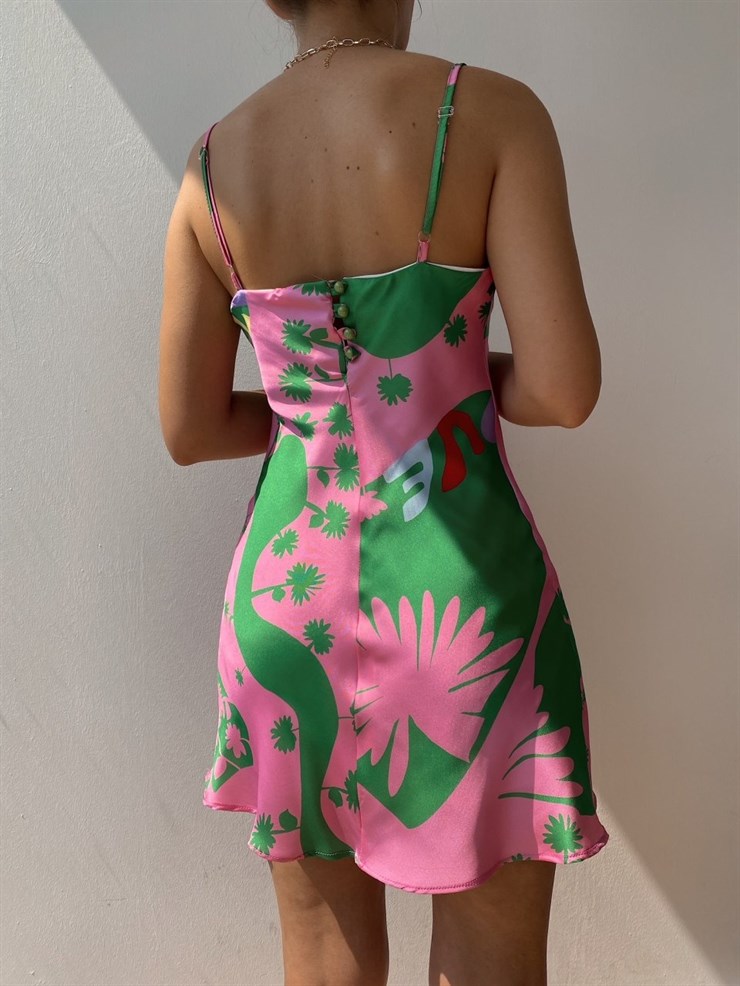 Desenli İnce Askı Sırtı Düğmeli Candy Kadın Renkli Mini Elbise 21Y000481