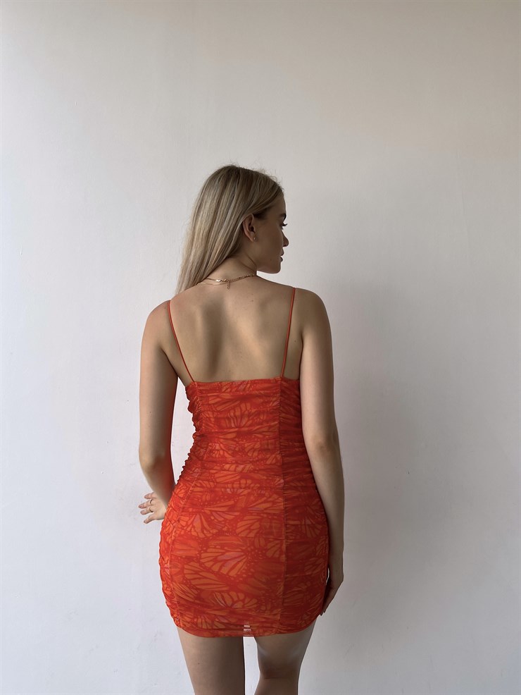 Desenli İnce Askılı Tül Drapeli Arvilla Kadın Turuncu Elbise 22Y000338