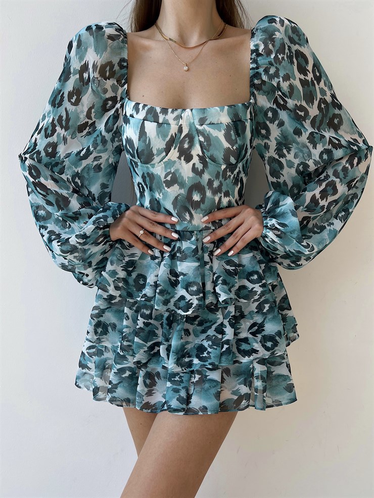 Desenli Kare Yaka Balon Kol Fırfırlı Sesto Kadın Mavi Elbise 22Y000368