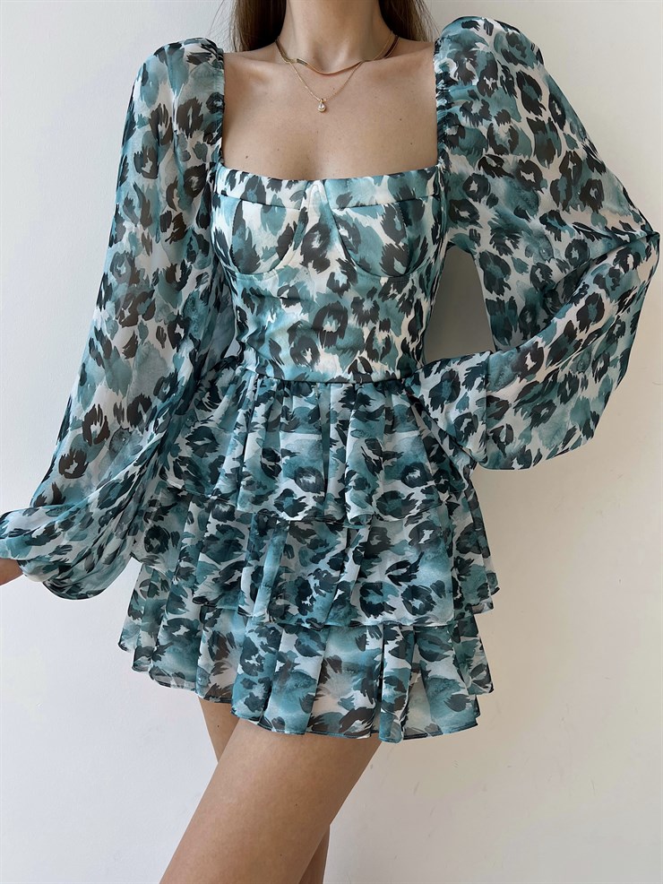 Desenli Kare Yaka Balon Kol Fırfırlı Sesto Kadın Mavi Elbise 22Y000368