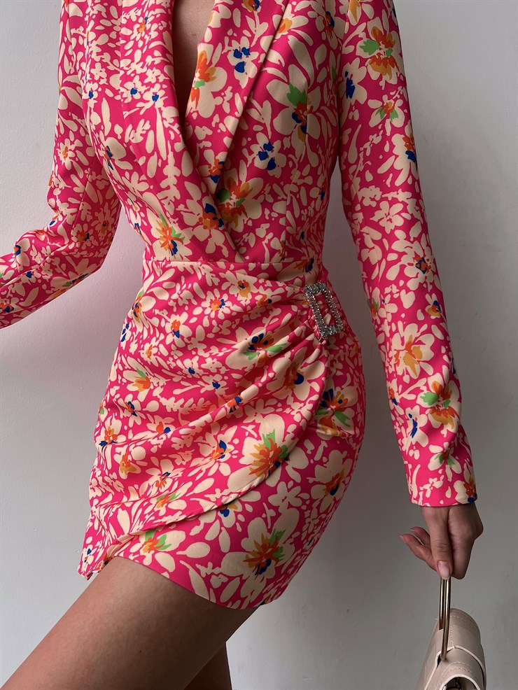 Desenli Kruvaze Yanı Tokalı Hunter Kadın Pembe Ceket Elbise 22Y000082