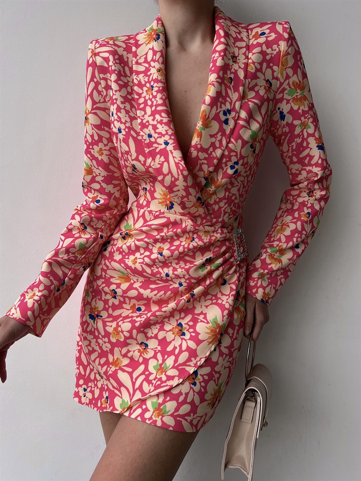 Desenli Kruvaze Yanı Tokalı Hunter Kadın Pembe Ceket Elbise 22Y000082