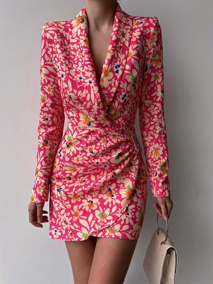 Desenli Kruvaze Yanı Tokalı Hunter Kadın Pembe Ceket Elbise 22Y000082