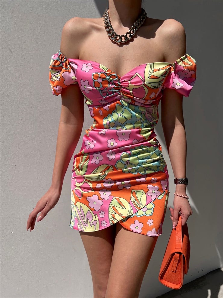 Desenli Lastikli Ayarnanabilir Omuz Anna Kadın Renkli Elbise 22Y000148