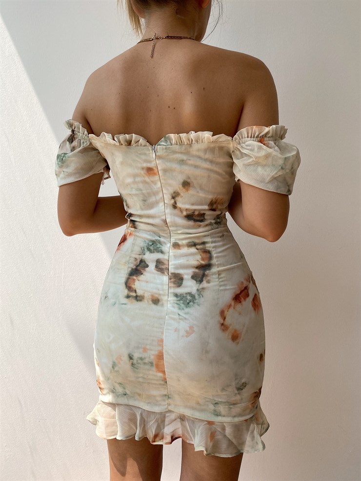 Desenli Madonna Yaka Eteği Volanlı Kadın Yeşil Mini Elbise 21Y000390