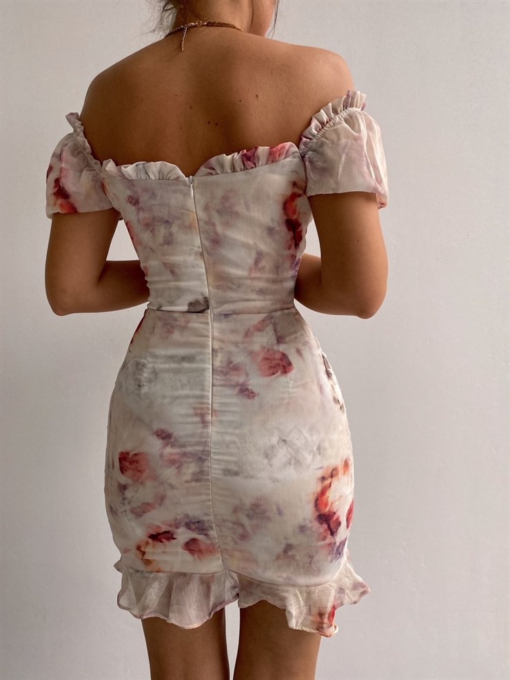 Desenli Madonna Yaka Eteği Volanlı Kadın Bordo Mini Elbise 21Y000390