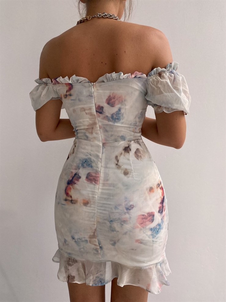 Desenli Madonna Yaka Eteği Volanlı Kadın Pudra Mini Elbise 21Y000390