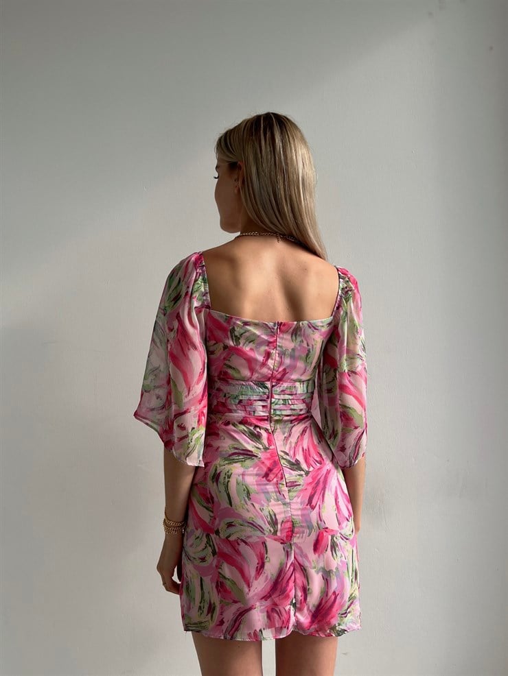 Desenli Omuz Lastikli Pencere Detay Yarım Kol Larren Kadın Pembe Elbise 22Y000392