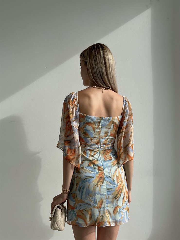 Desenli Omuz Lastikli Pencere Detay Yarım Kol Larren Kadın Turkuaz Elbise 22Y000392