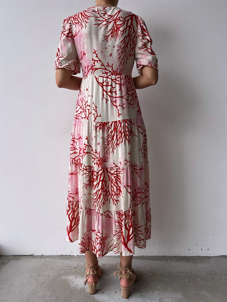 Desenli Önden Düğmeli Volanlı Dandre Kadın Bej Uzun Elbise 22Y000291