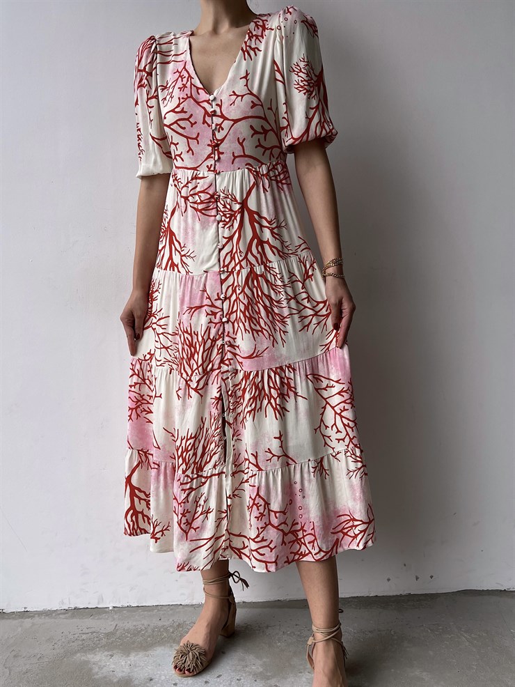 Desenli Önden Düğmeli Volanlı Dandre Kadın Bej Uzun Elbise 22Y000291