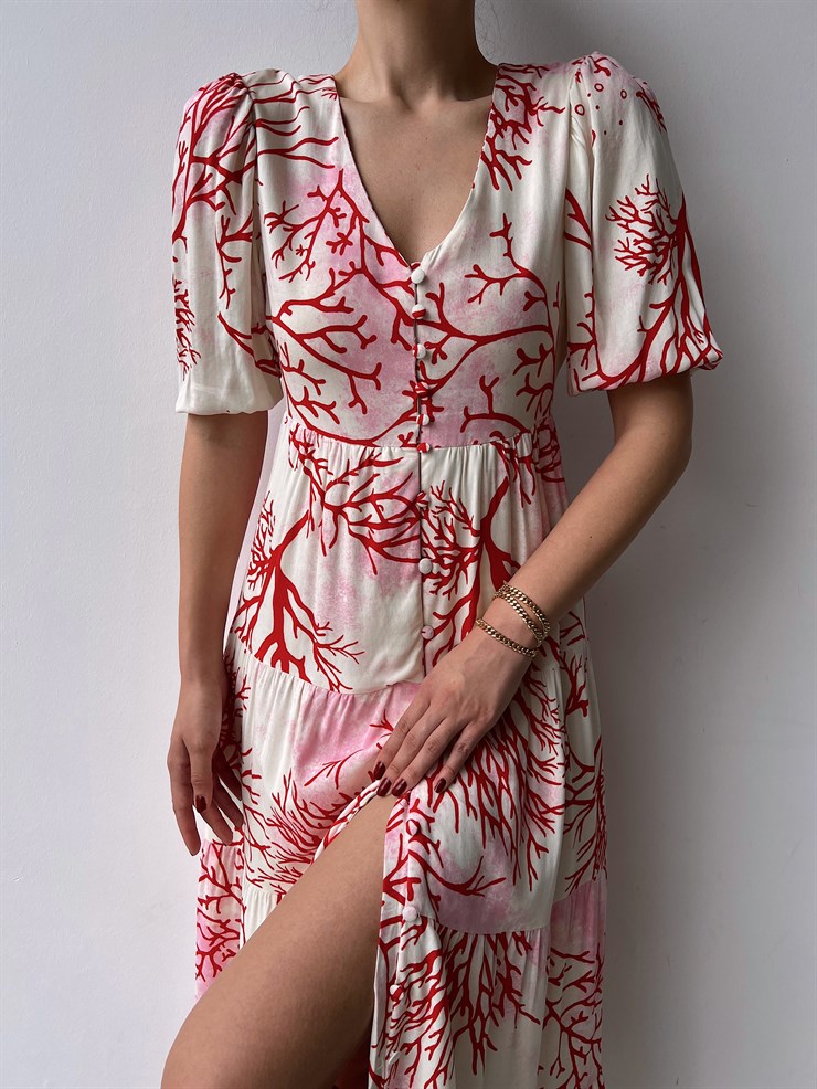 Desenli Önden Düğmeli Volanlı Dandre Kadın Bej Uzun Elbise 22Y000291