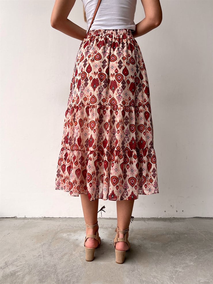 Desenli Önden Yırtmaçlı Lily Kadın Bej Renk Midi Etek 22Y000045