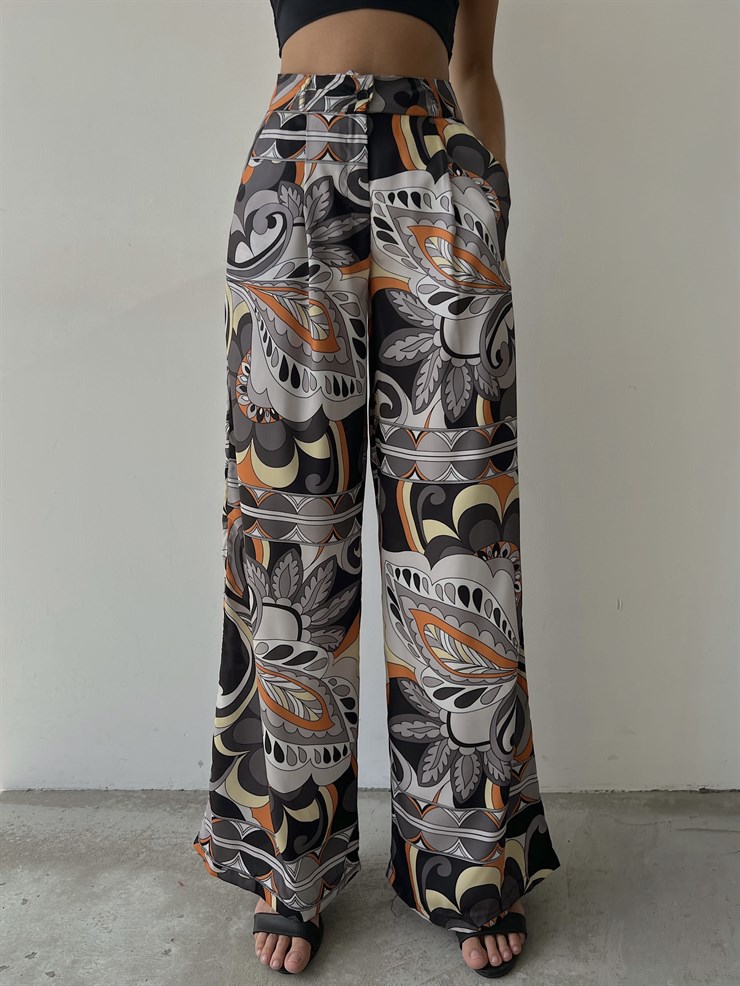 Desenli Saten Geniş Paça Pileli Nino Kadın Antrasit  Palazzo Pantolon 22Y000499