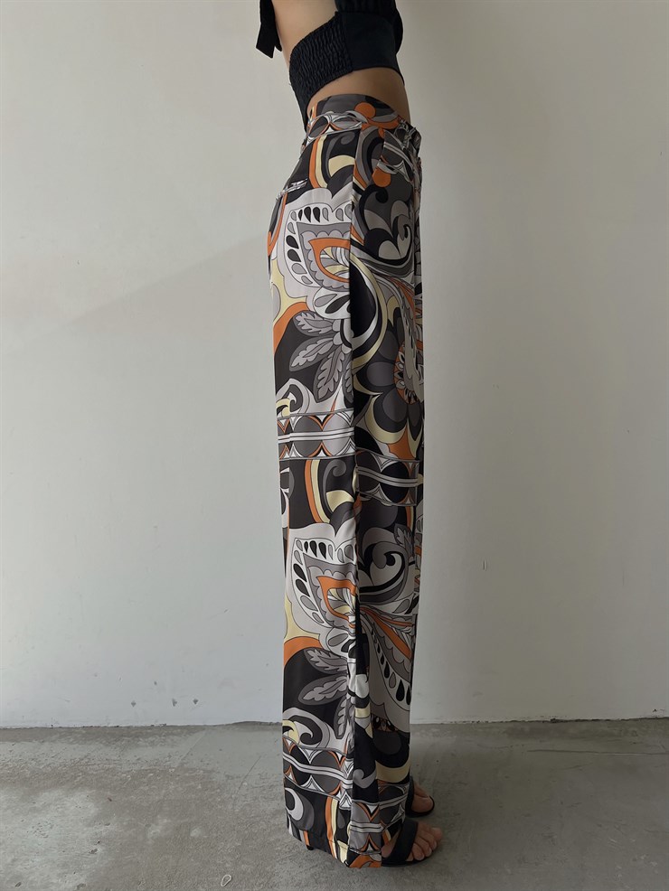 Desenli Saten Geniş Paça Pileli Nino Kadın Antrasit  Palazzo Pantolon 22Y000499