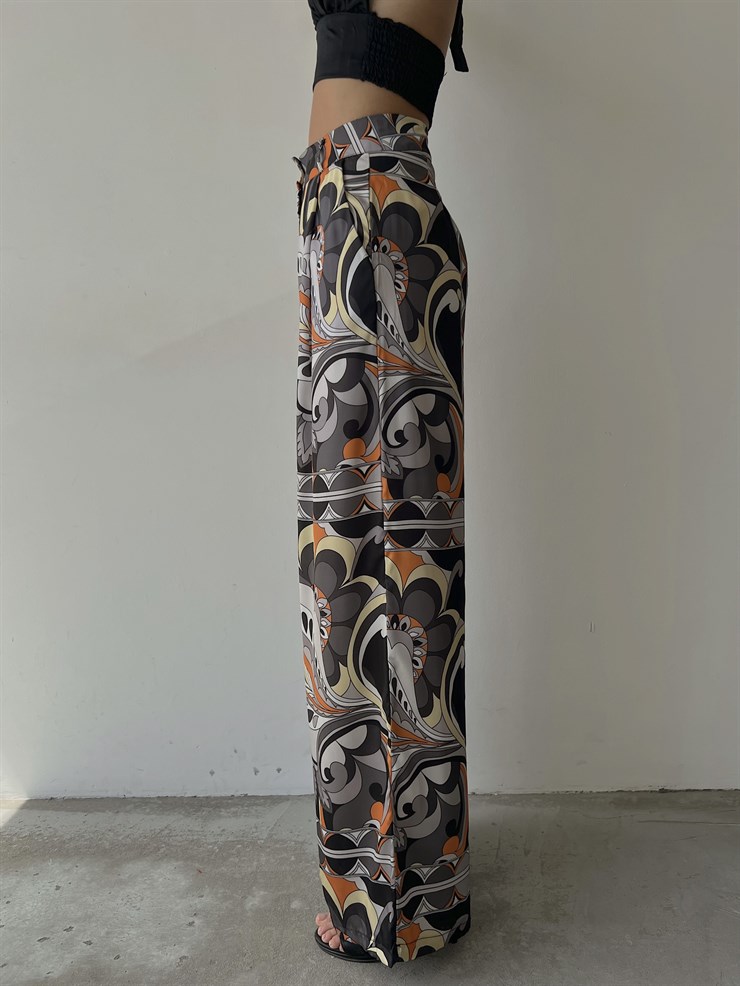 Desenli Saten Geniş Paça Pileli Nino Kadın Antrasit  Palazzo Pantolon 22Y000499