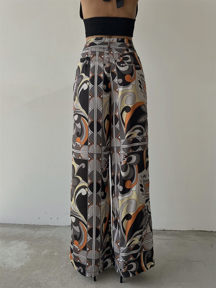 Desenli Saten Geniş Paça Pileli Nino Kadın Antrasit  Palazzo Pantolon 22Y000499