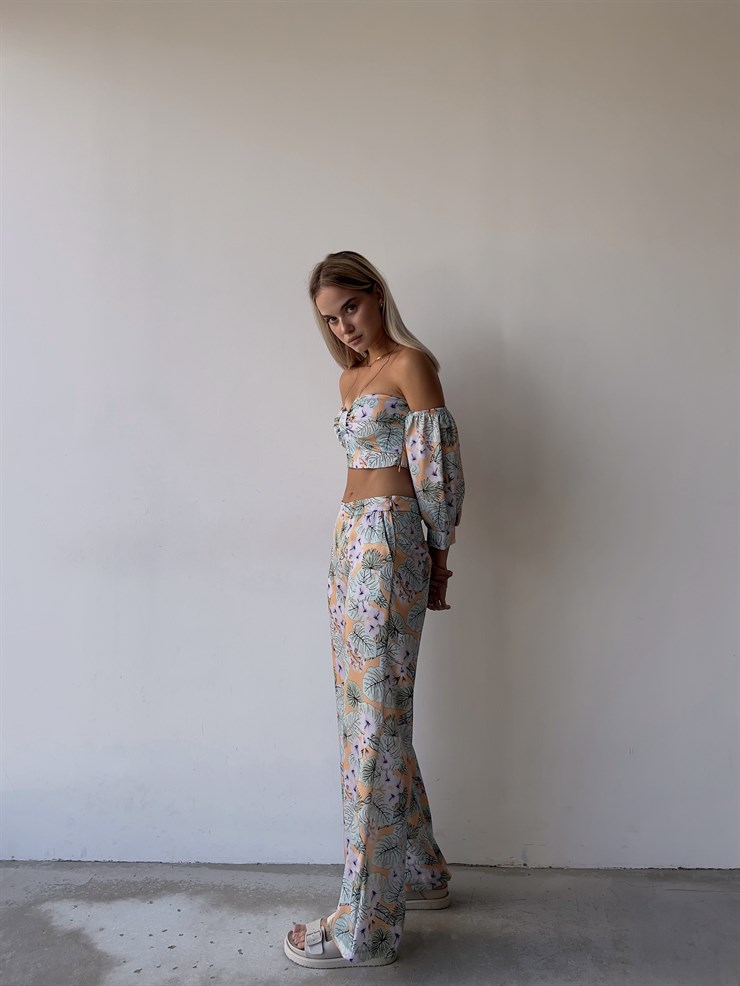 Desenli Takma Uzun Kol Crop Ve Cepli Bol Paça Alt Maximo Kadın Lila İkili Takım 22Y000502