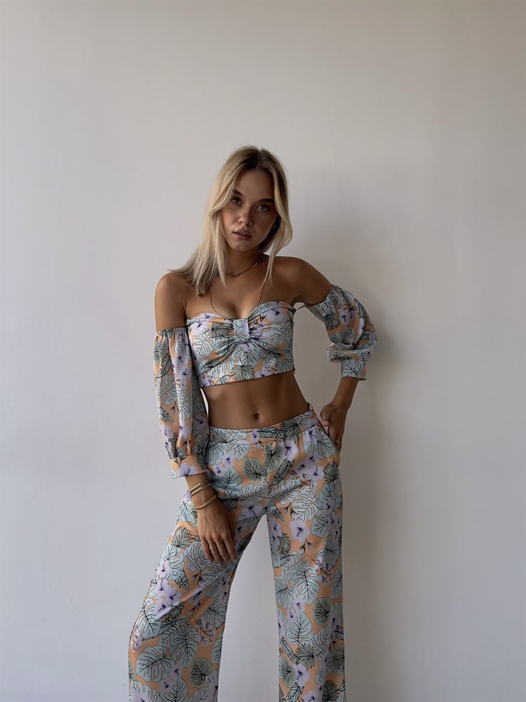 Desenli Takma Uzun Kol Crop Ve Cepli Bol Paça Alt Maximo Kadın Lila İkili Takım 22Y000502