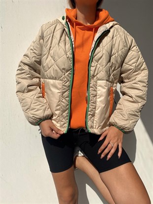 Desenli Kapitone Kapüşonlu Kadın Taş Rengi Mont 22K000045