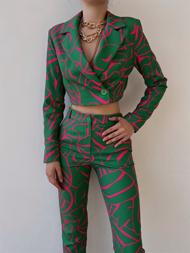 Desenli Tek Düğme Kruvaze Lamont Kadın Yeşil Crop Ceket 22Y000226