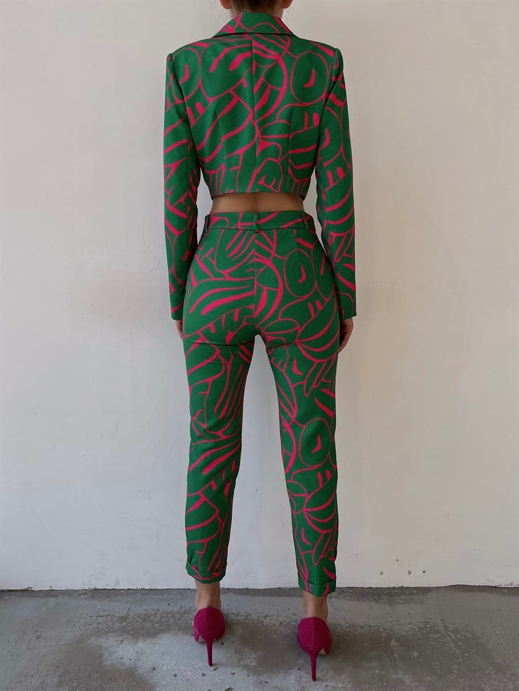 Desenli Tek Düğme Kruvaze Lamont Kadın Yeşil Crop Ceket 22Y000226