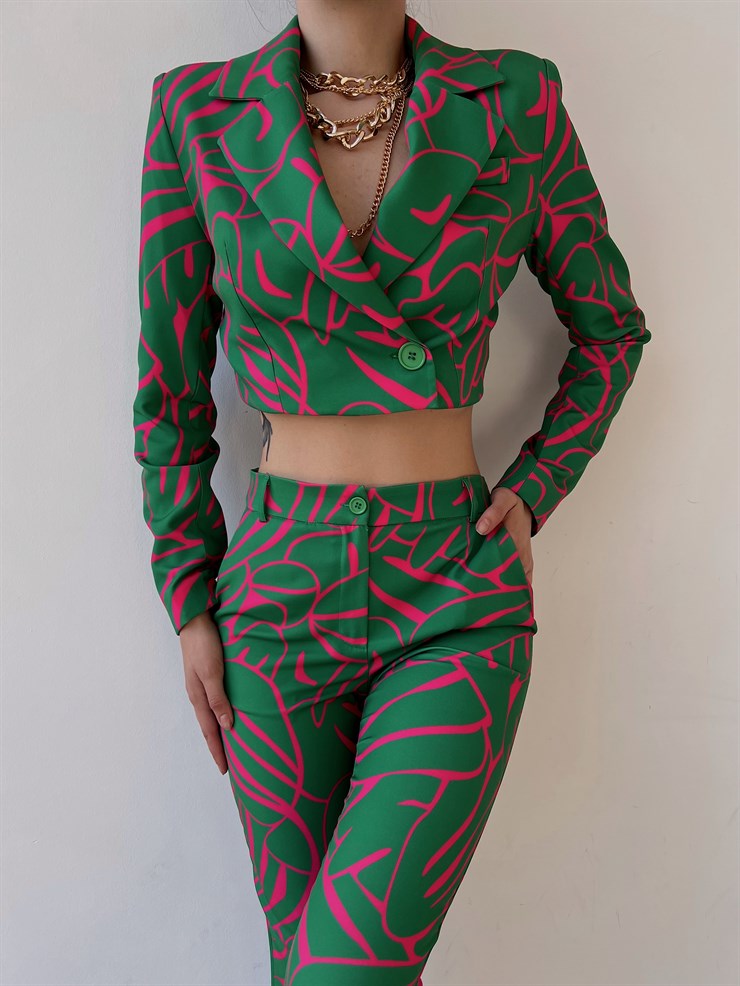 Desenli Tek Düğme Kruvaze Lamont Kadın Yeşil Crop Ceket 22Y000226