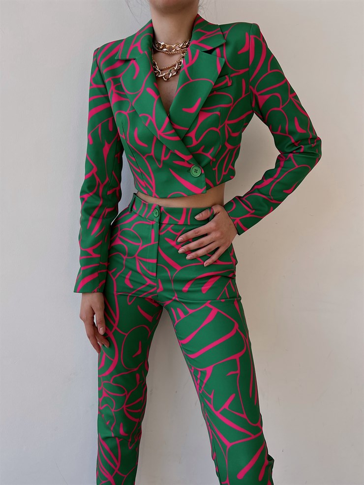 Desenli Tek Düğme Kruvaze Lamont Kadın Yeşil Crop Ceket 22Y000226