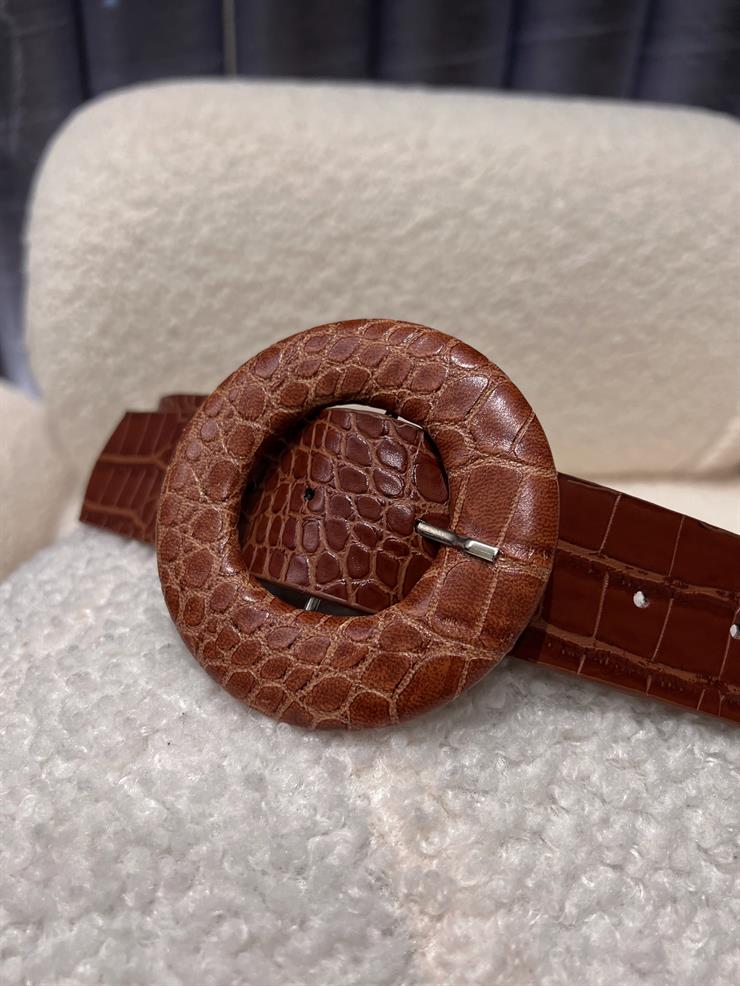 Yuvarlak Tokalı Desenli Kadın Taba Kemer 23Y000623