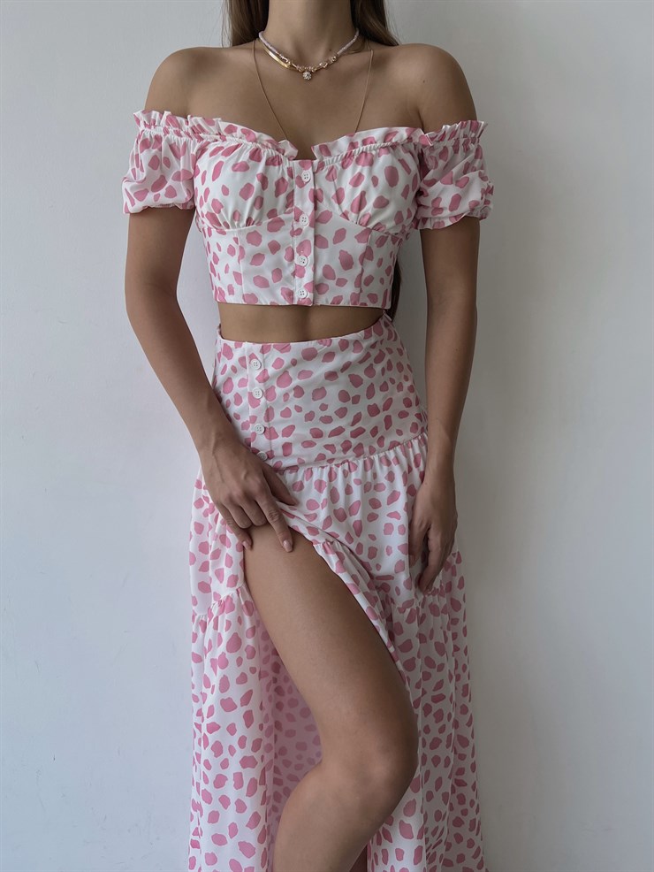 Desenli Üst Düğme Kapamalı Kol Lastikli Eteği Yırtmaçlı ve Fermuar Kapamalı Telma Kadın Pembe İkili Takım 22Y000512