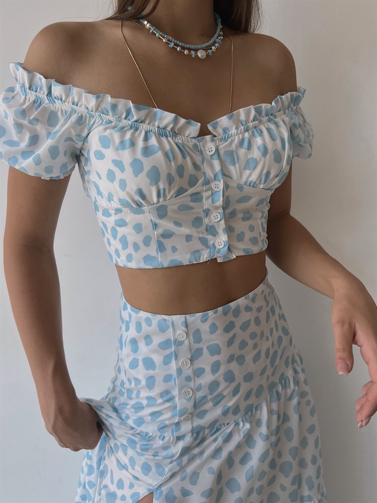 Desenli Üst Düğme Kapamalı Kol Lastikli Eteği Yırtmaçlı ve Fermuar Kapamalı Telma Kadın Mavi İkili Takım 22Y000512