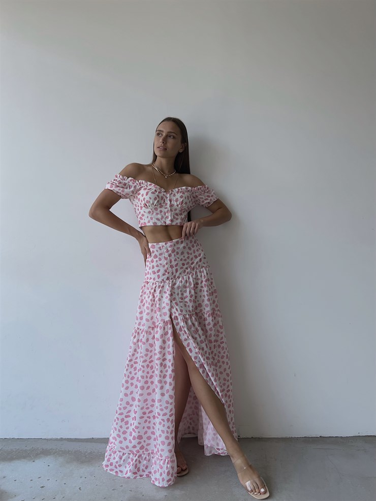 Desenli Üst Düğme Kapamalı Kol Lastikli Eteği Yırtmaçlı ve Fermuar Kapamalı Telma Kadın Pembe İkili Takım 22Y000512