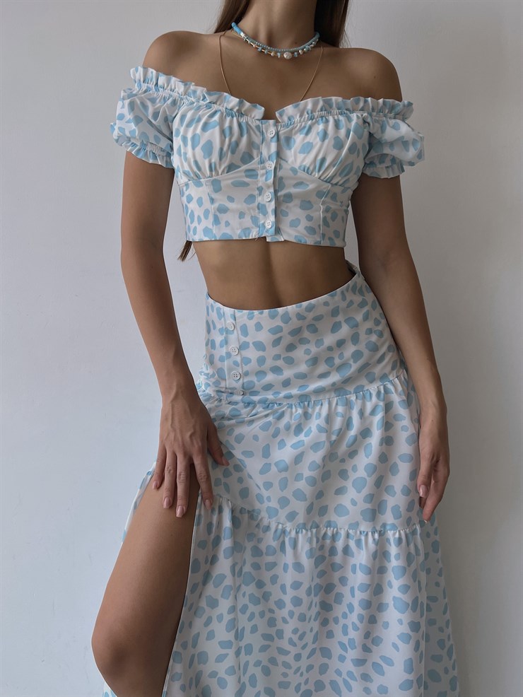 Desenli Üst Düğme Kapamalı Kol Lastikli Eteği Yırtmaçlı ve Fermuar Kapamalı Telma Kadın Mavi İkili Takım 22Y000512