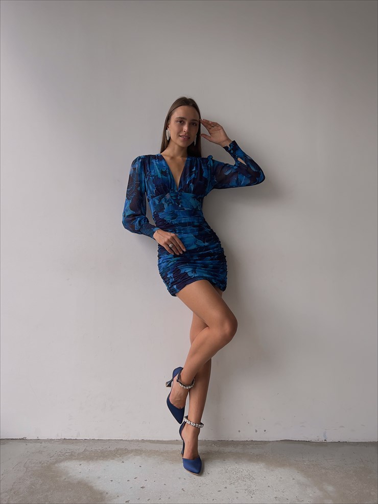 Desenli Uzun Kol Drapeli Derin V Yaka Sienna Kadın Mavi Mini Elbise 22Y000507