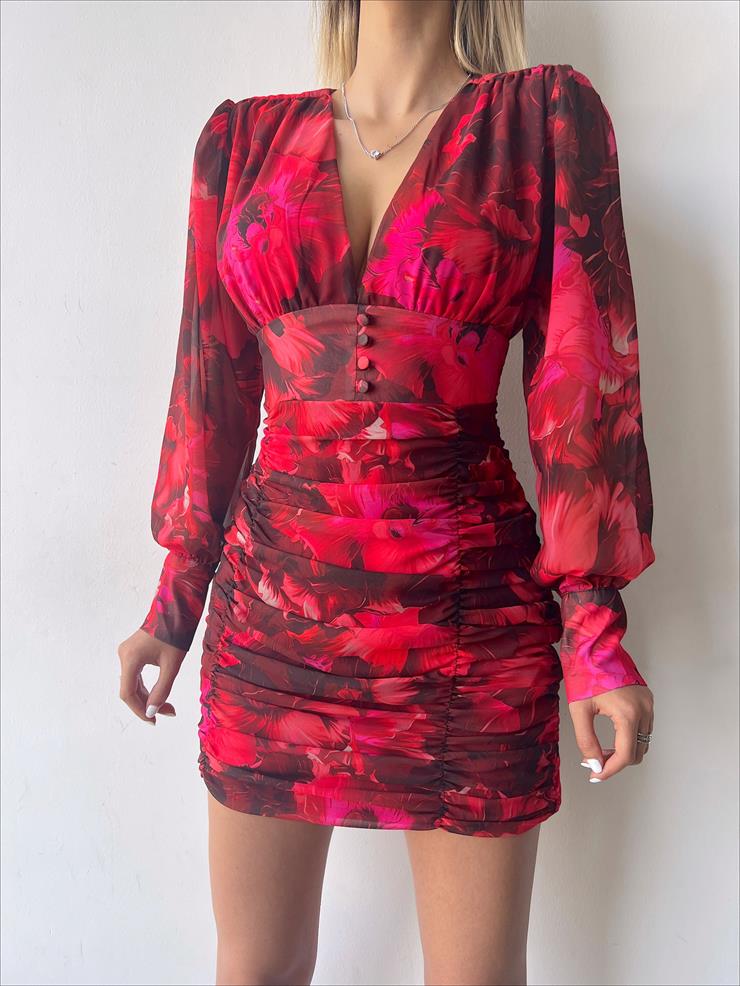 Desenli Uzun Kol Drapeli Derin V Yaka Sienna Kadın Bordo Mini Elbise 22Y000507