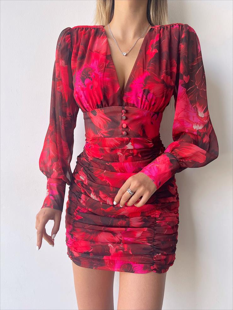 Desenli Uzun Kol Drapeli Derin V Yaka Sienna Kadın Bordo Mini Elbise 22Y000507