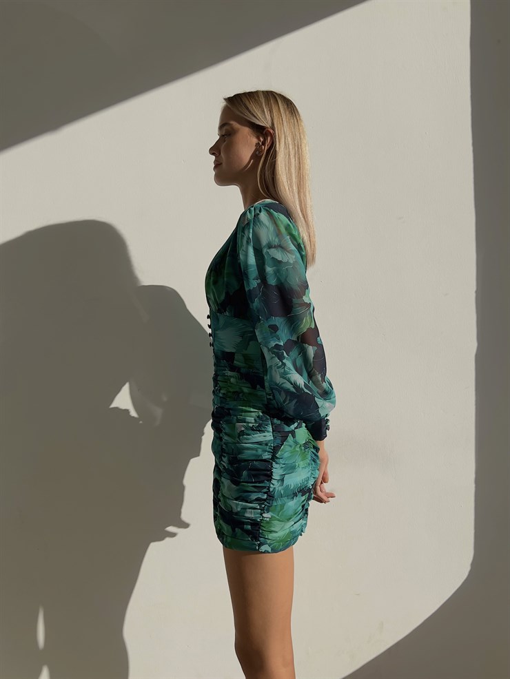 Desenli Uzun Kol Drapeli Derin V Yaka Sienna Kadın Yeşil Mini Elbise 22Y000507