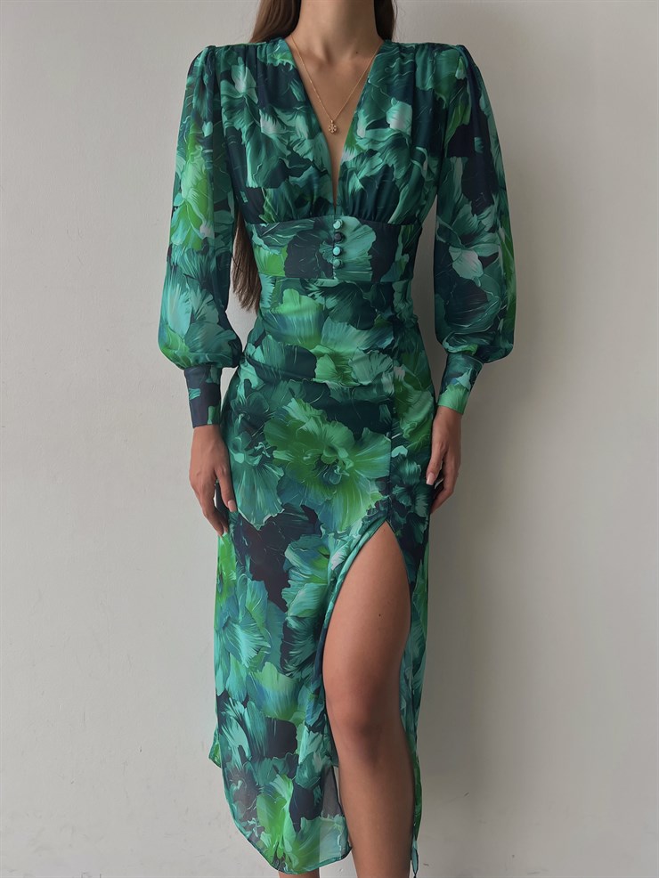 Desenli Uzun Kol Yırtmaçlı Derin V Yaka Ciana Kadın Renkli Midi Elbise 22Y000516