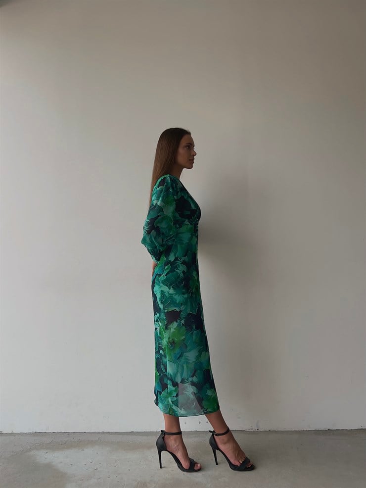 Desenli Uzun Kol Yırtmaçlı Derin V Yaka Ciana Kadın Renkli Midi Elbise 22Y000516