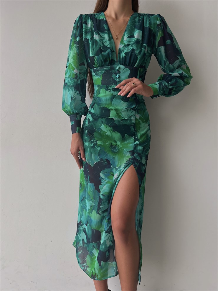 Desenli Uzun Kol Yırtmaçlı Derin V Yaka Ciana Kadın Renkli Midi Elbise 22Y000516