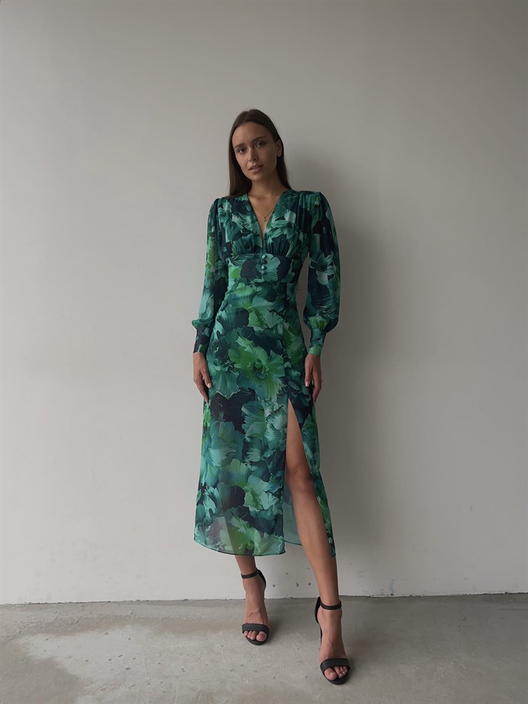 Desenli Uzun Kol Yırtmaçlı Derin V Yaka Ciana Kadın Renkli Midi Elbise 22Y000516