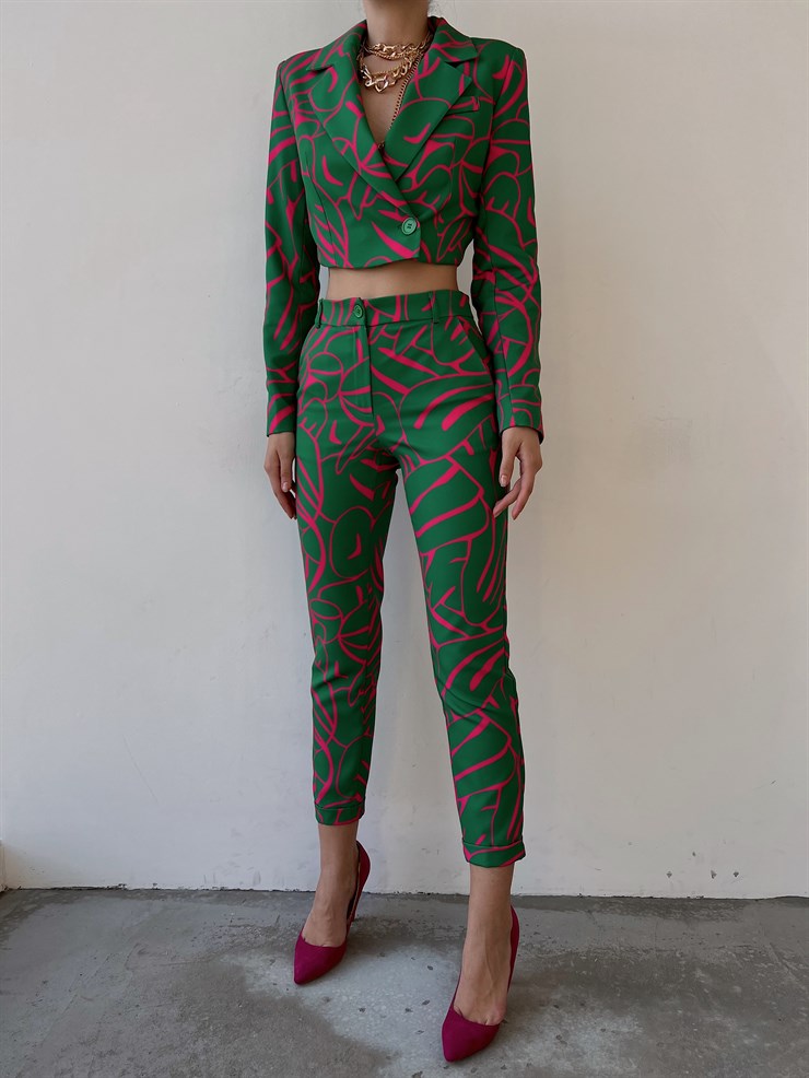 Desenli Yüksek Bel Lamont Kadın Yeşil Pantolon 22Y000227