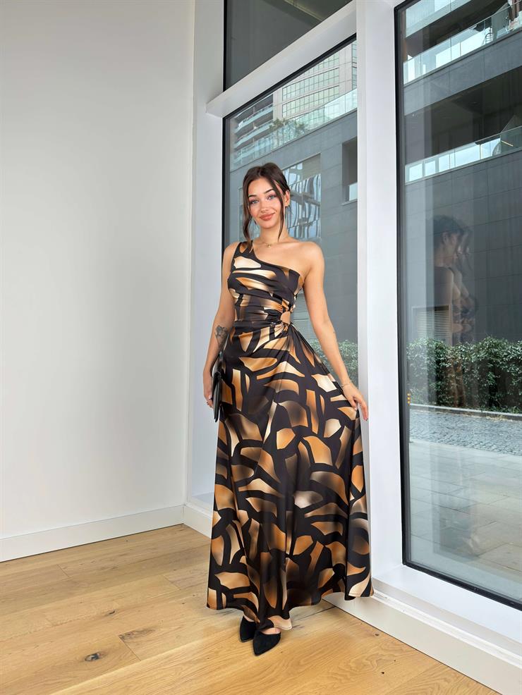 Tek Omuz Askılı Bel Kısmı Drapeli Desery Kahverengi Kadın Desenli Elbise 25K200