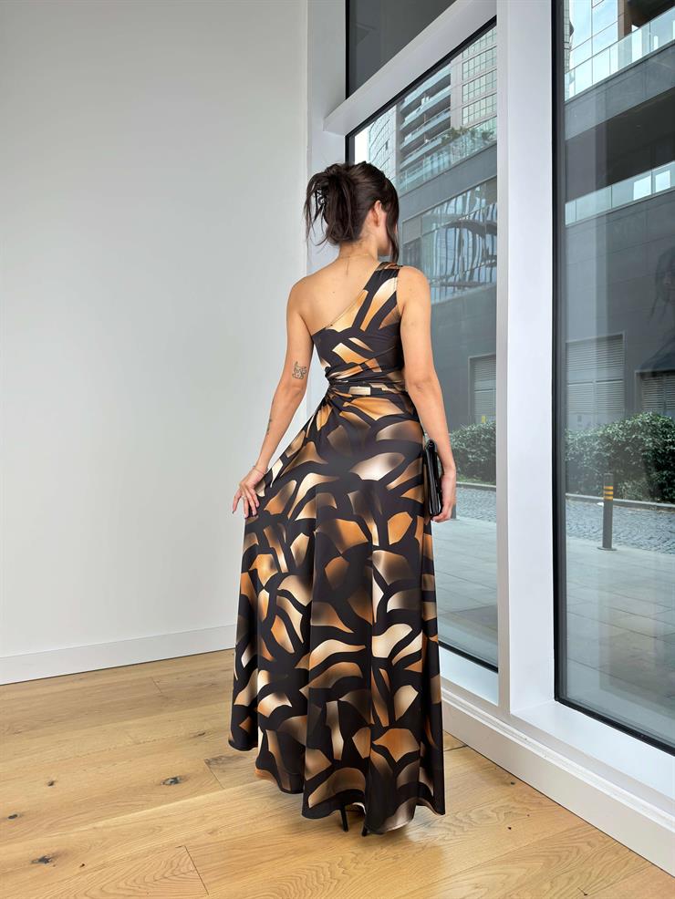 Tek Omuz Askılı Bel Kısmı Drapeli Desery Kahverengi Kadın Desenli Elbise 25K200